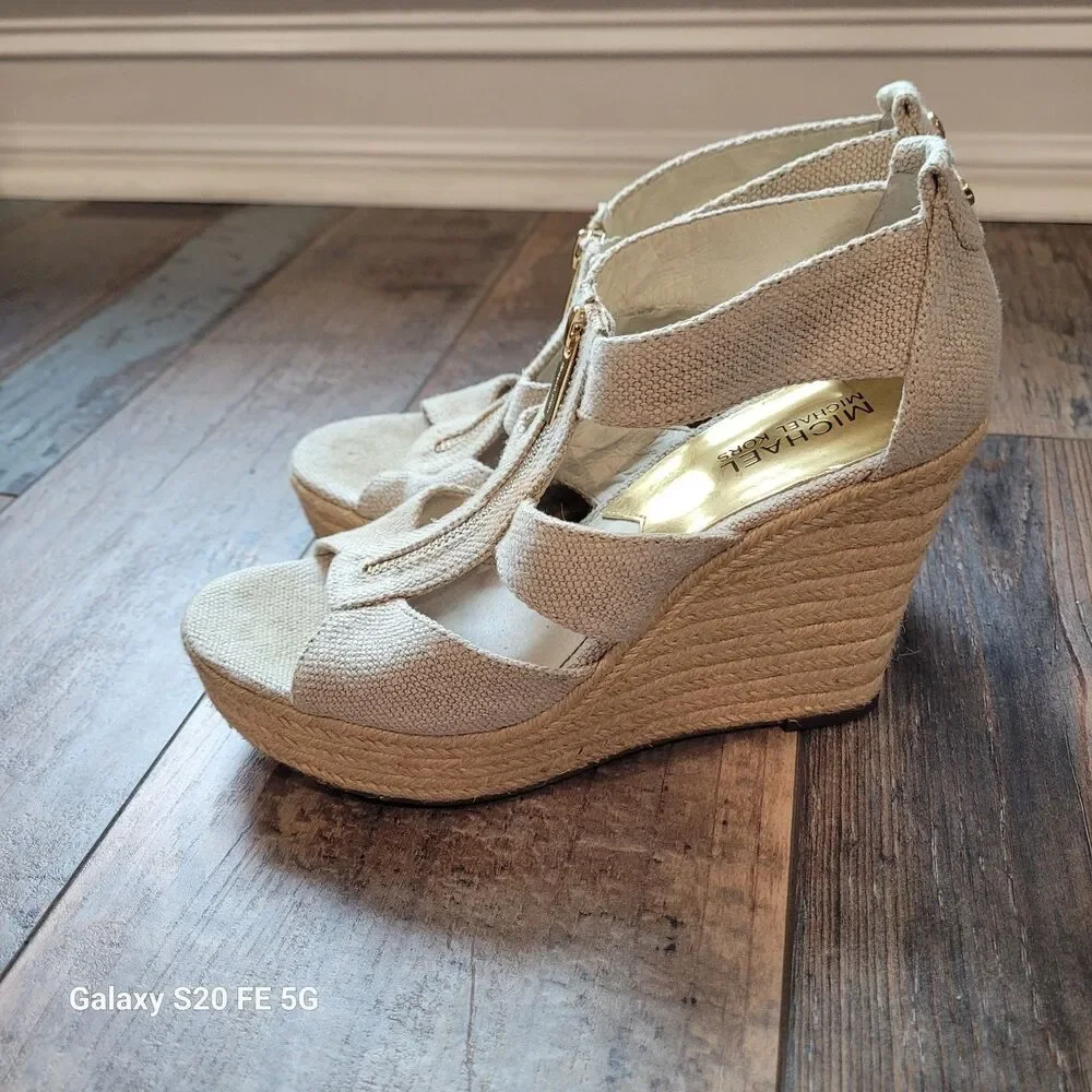 Michael Kors Wedge Sandals – Neutral Linen Fabric 7.5 SB9